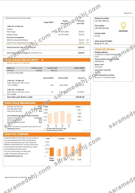 Australia New South Wales (NSW) Origin electricity business utility bill template in Word and PDF forma 3pages